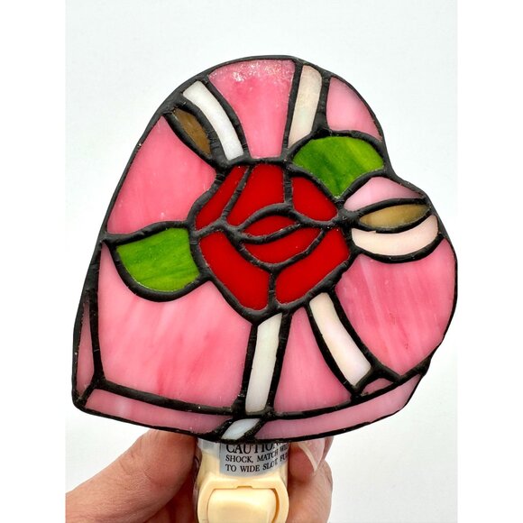 Vintage Heart Shape Stained Glass Rose Night Light - Picture 1 of 5
